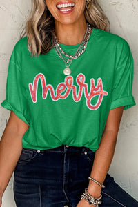 Bright Green Merry Sequin Tee – Holiday Slogan Graphic T-Shirt, Women's Festive Christmas Short Sleeve Top