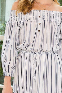 Josie - Off Shoulder Bubble Sleeve Elastic Stripe Romper