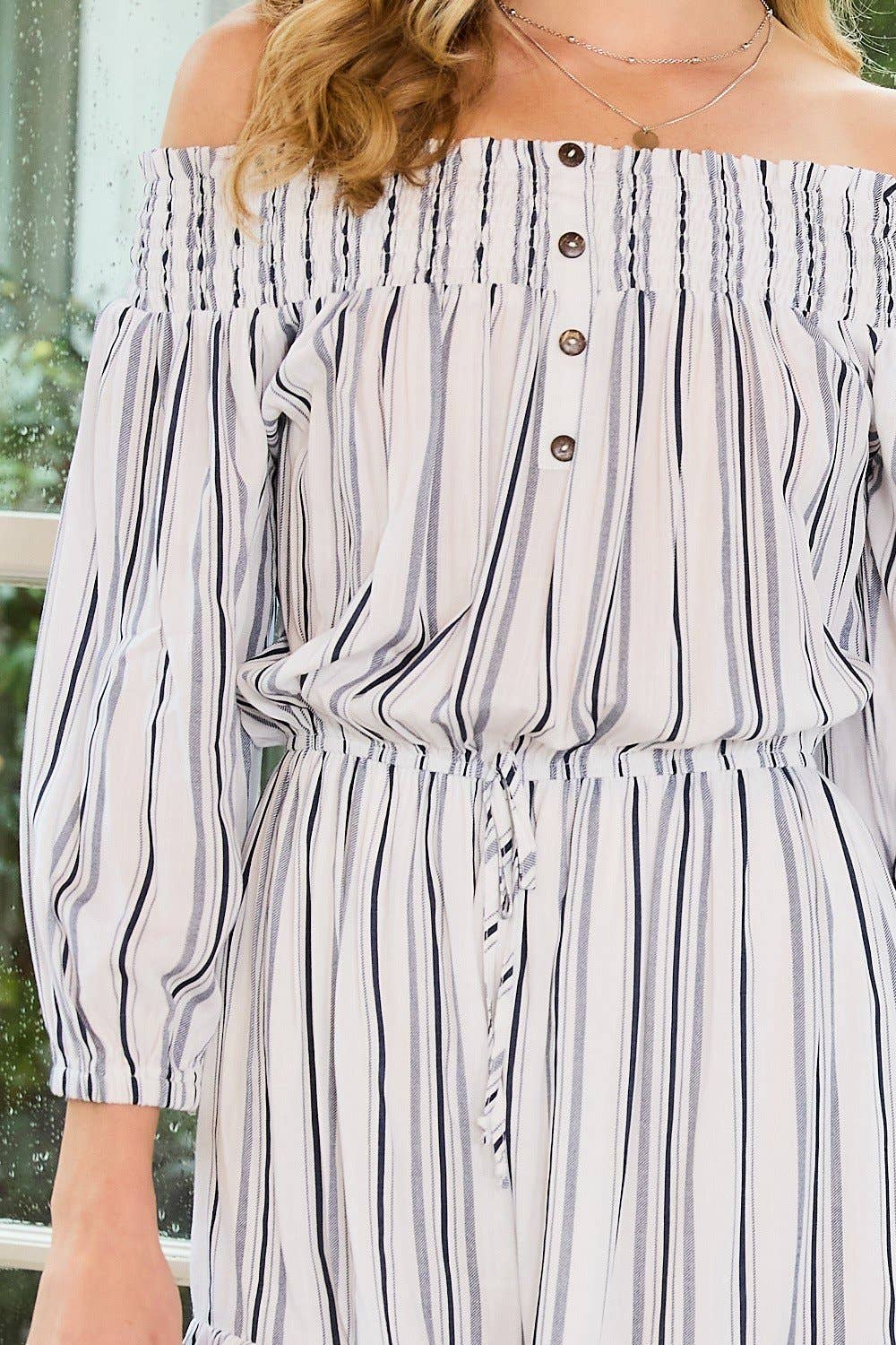 Josie - Off Shoulder Bubble Sleeve Elastic Stripe Romper