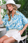 Olivia- Collared Short-Sleeve Floral Print Satin Blouse Top