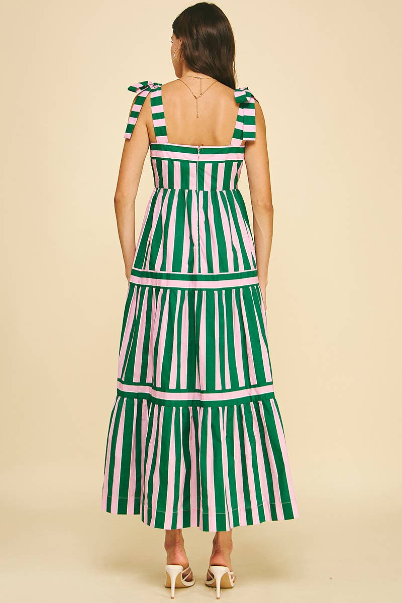 Sammie - Green and Pink Striped Tiered Maxi Dress