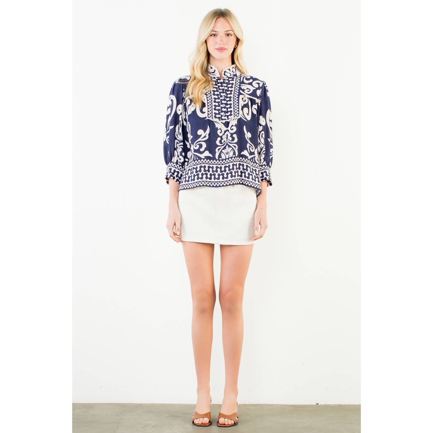 Nicolette - Long Sleeve Lace Trim Print Top
