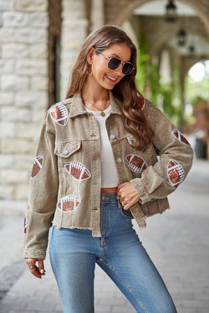 Cropped Corduroy Sequin Football Jacket