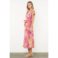 Jaylen - Belted V-Neck Floral Button Dress