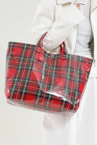 Red Plaid Glossy Waterproof Tote Bag - Large Shoulder Tote for Work, Travel & Holiday