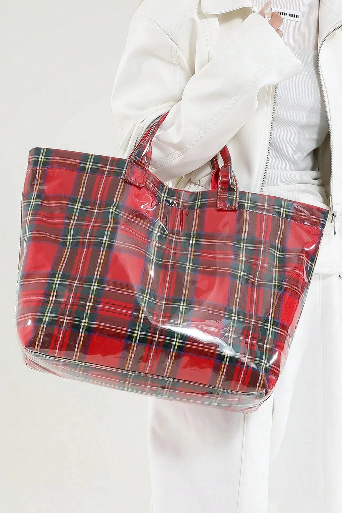 Red Plaid Glossy Waterproof Tote Bag - Large Shoulder Tote for Work, Travel & Holiday