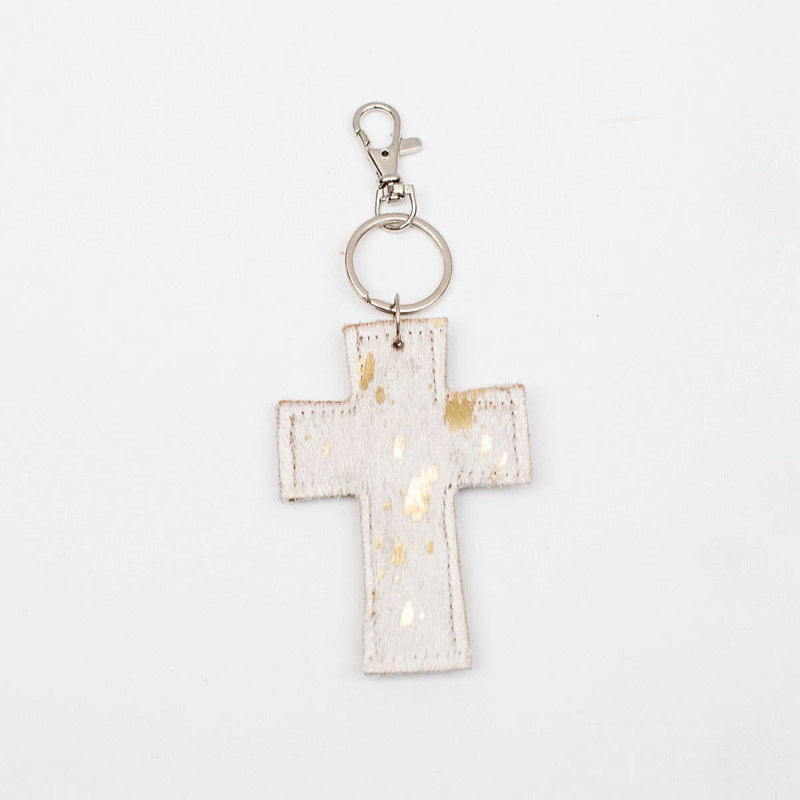 Cross Speckled Metallic Hide Keychain Clip   White/Gold   4"