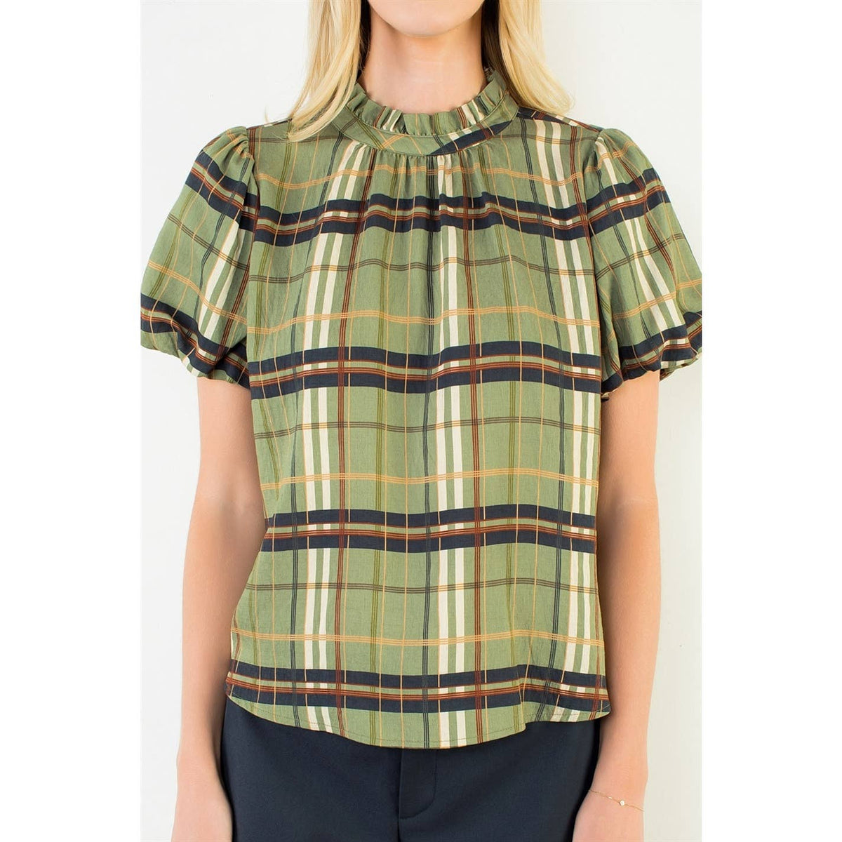 Maddie - Ruffled Neck Plaid Top
