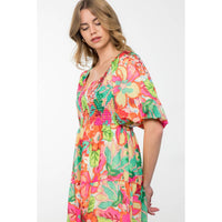 Massey - Puff Sleeve Floral Print Midi Dress