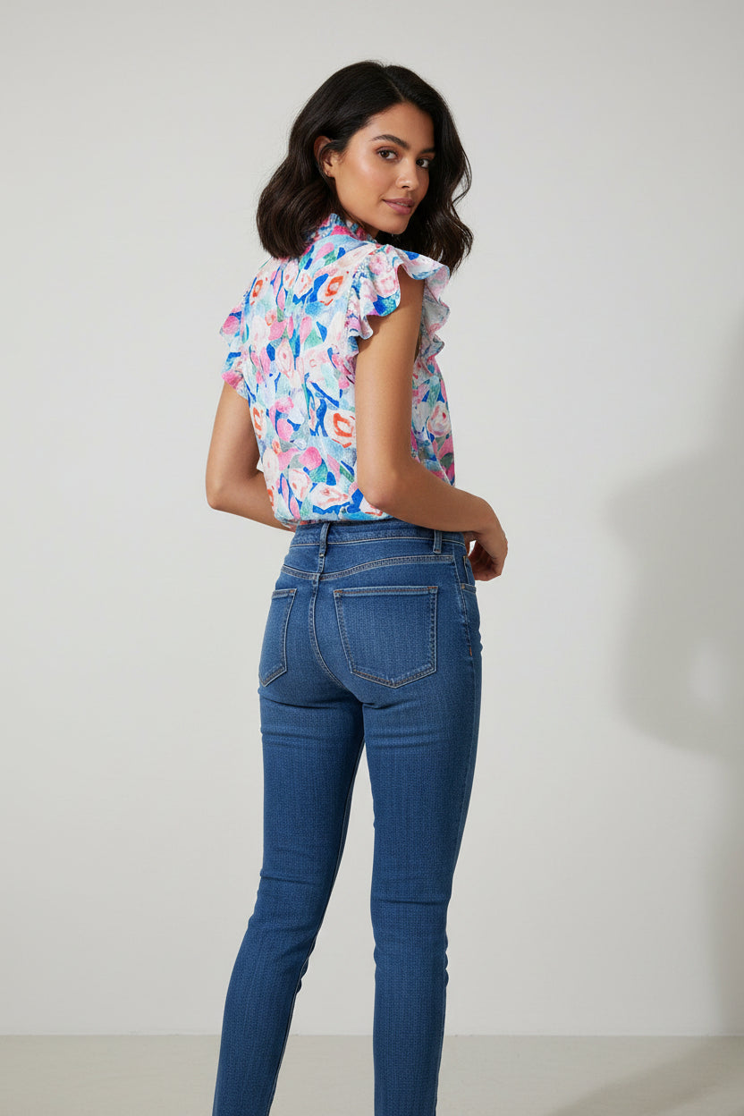 Helena - Pink Floral Tie Neck Blouse
