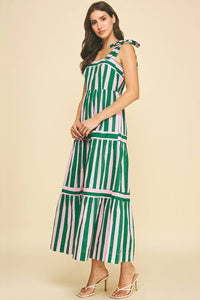 Sammie - Green and Pink Striped Tiered Maxi Dress