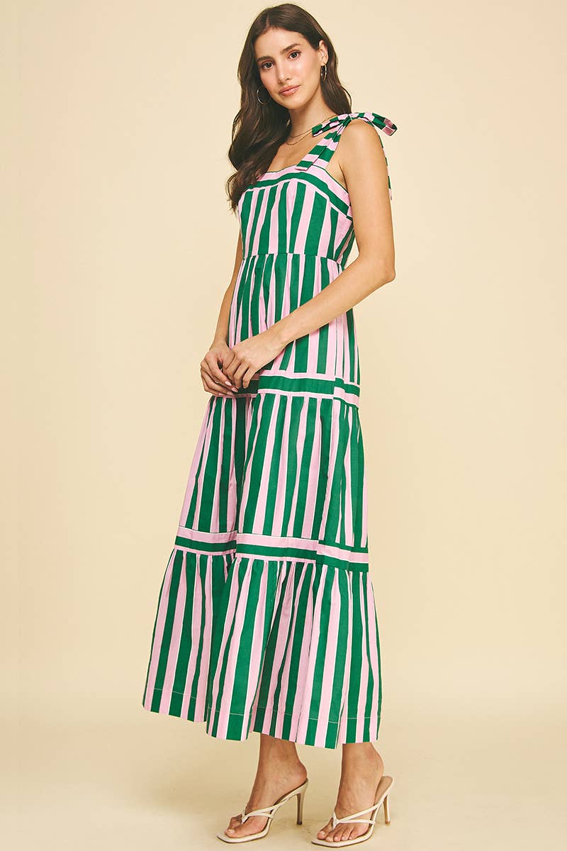 Sammie - Green and Pink Striped Tiered Maxi Dress