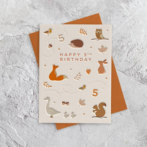 5th Birthday Woodland Animals Letterpress Style Card