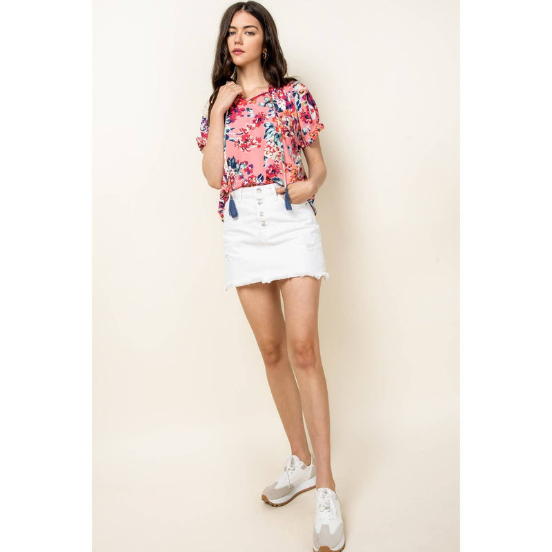 Myra-Flower Print Short Sleeve Blouse