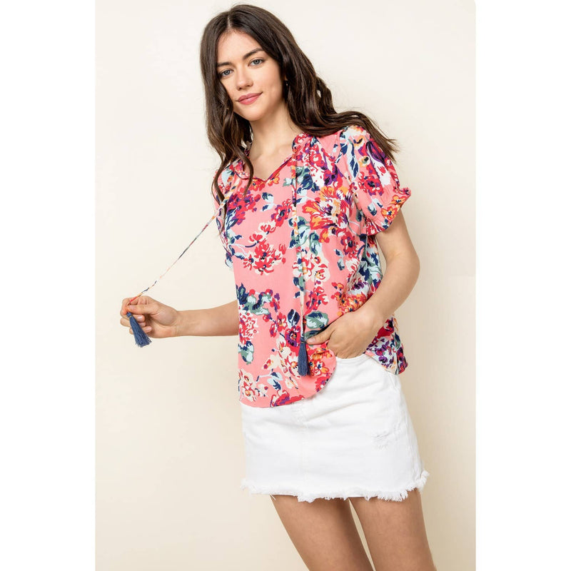 Myra-Flower Print Short Sleeve Blouse