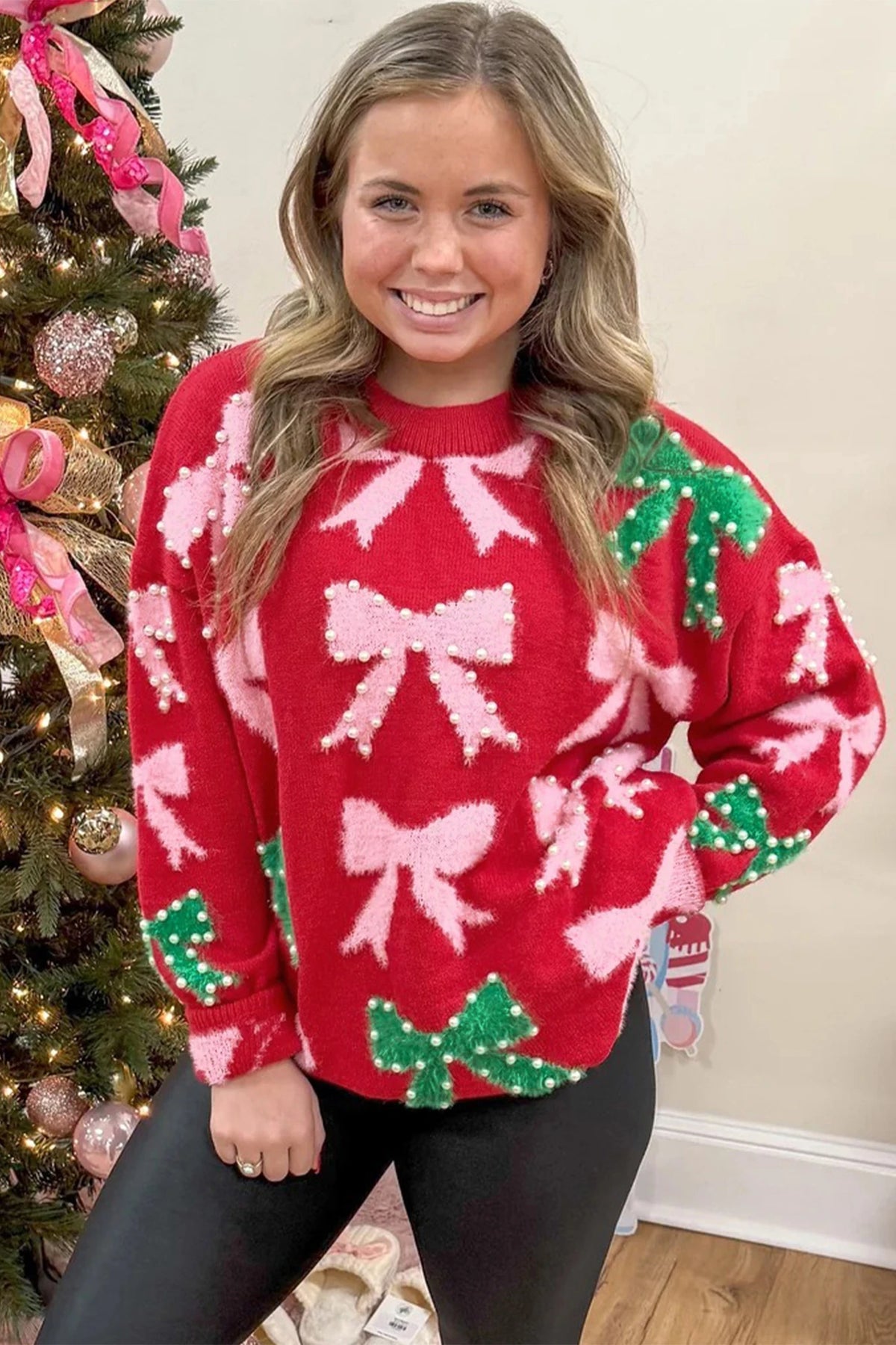 Fiery Red Christmas Sweater – Fuzzy Bow Pearl Embellished Holiday Sweater, Women's Festive Knit Top