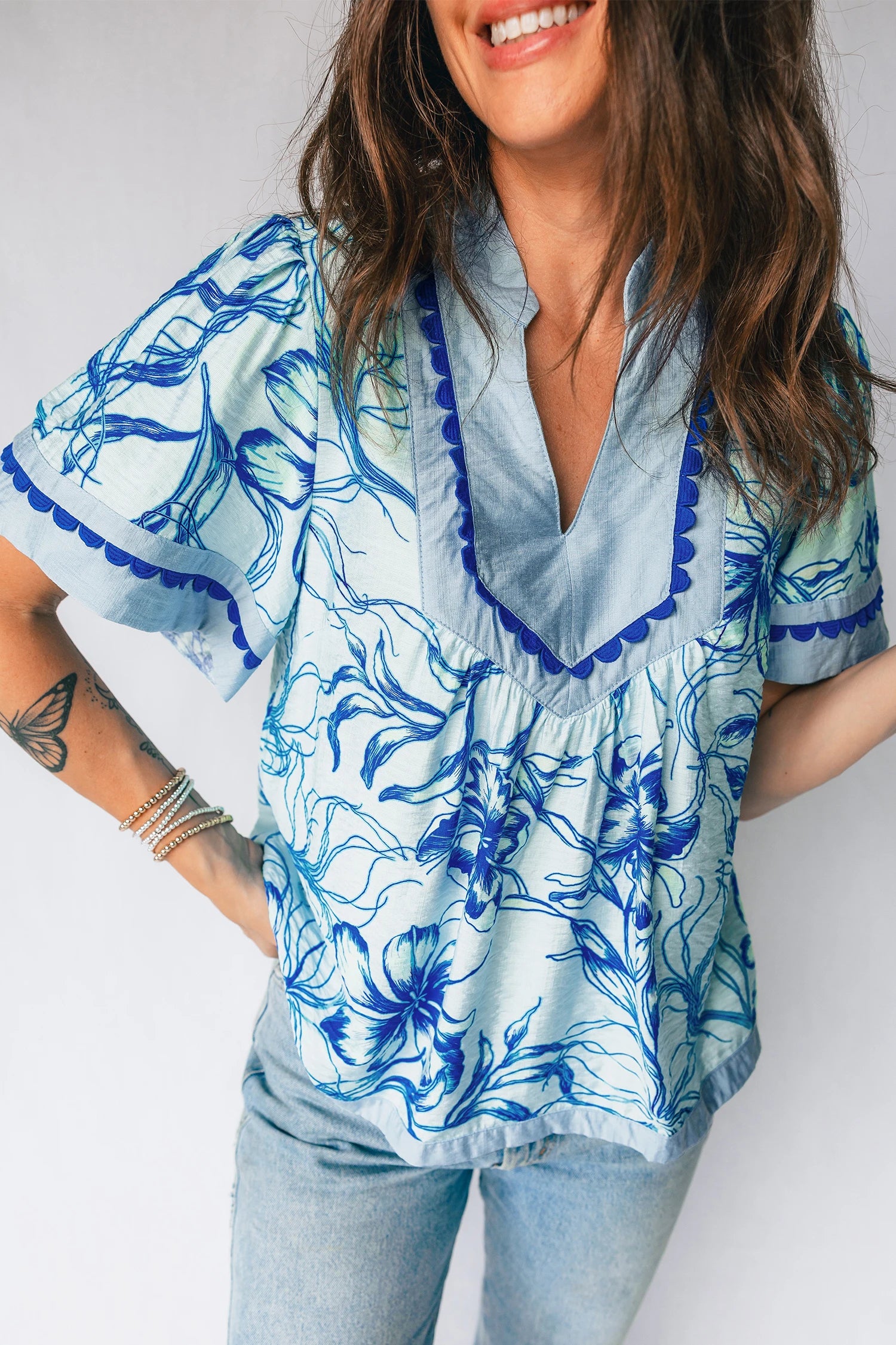 Raylen - Sky Blue Ricrac Trim Slit V Neck Short Sleeve Floral Blouse