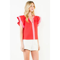 Rachel - Flutter Sleeve Contrast Trim V-Neck Top