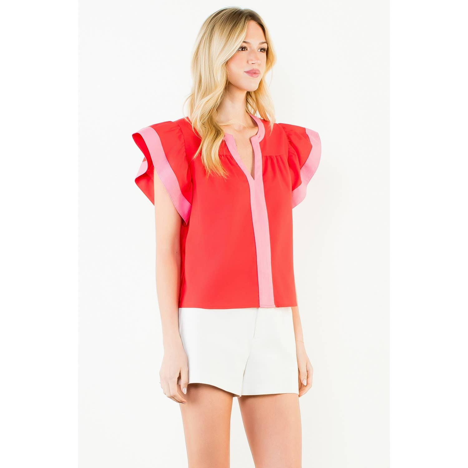 Rachel - Flutter Sleeve Contrast Trim V-Neck Top