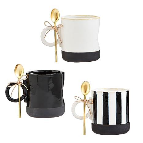 Black/White Stripe Stoneware Mug Set w/ Spoon