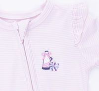 Cheer Pink Micro Stripe - 2 Way Ruffle Sleeve Zipper Footie
