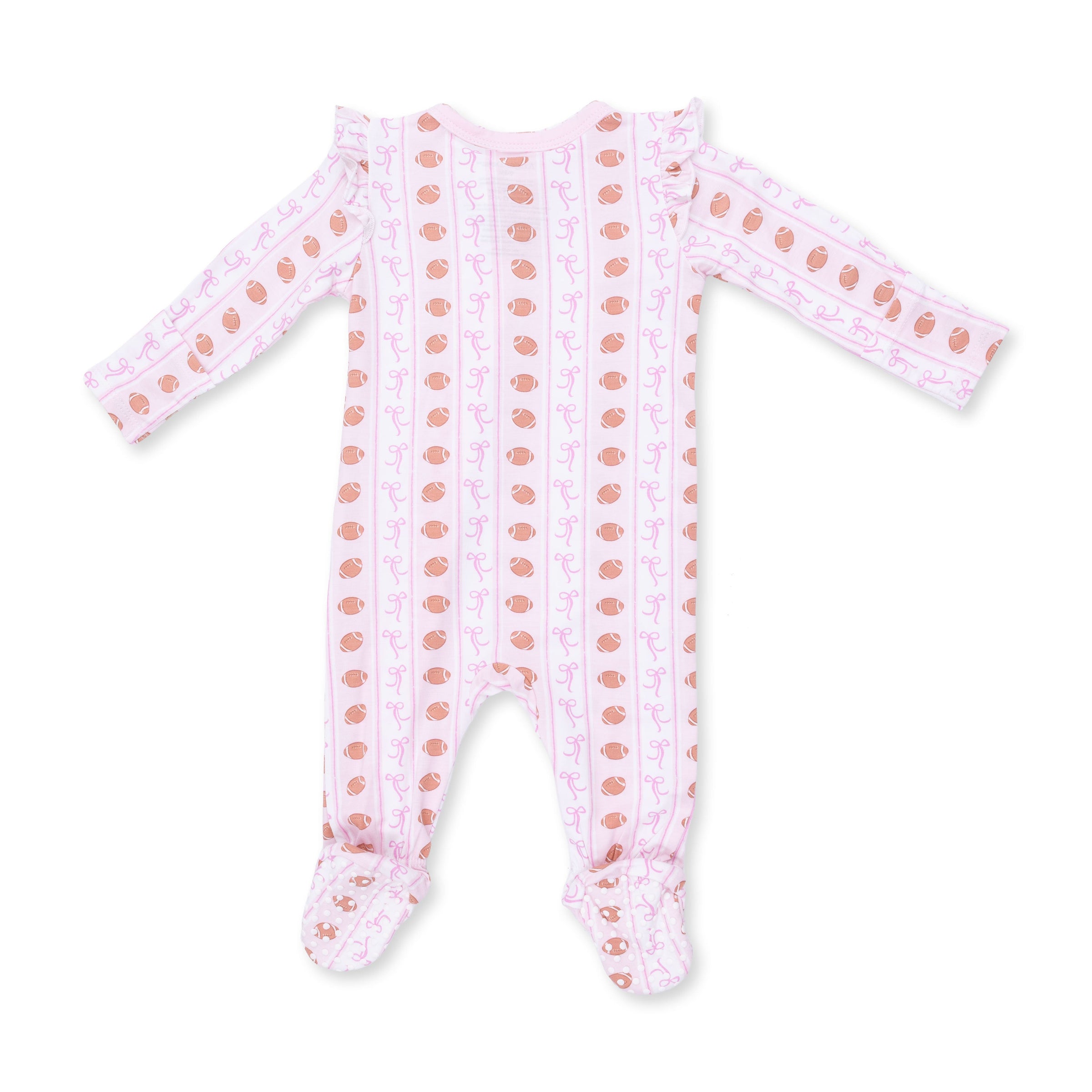 Football Bow Stripe - 2 Way Ruffle Sleeve Zipper Footie