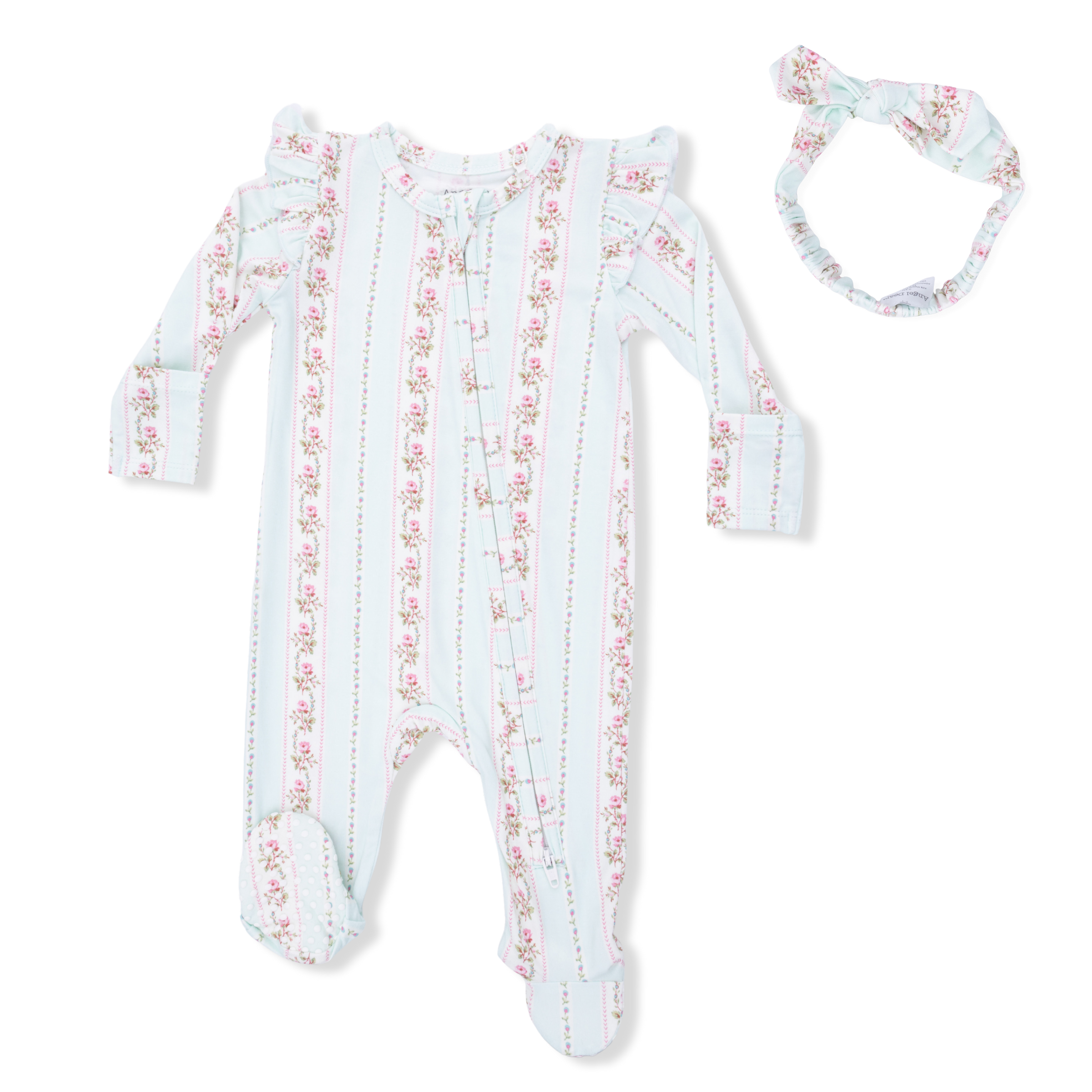 Antoinette Stripe - 2 Way Ruffle Sleeve Zipper Footie & Headband Set