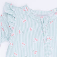 Tiny Cherry Stripe - 2 Way Ruffle Sleeve Zipper Footie
