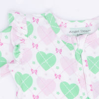 Heart Argyle - 2 Way Ruffle Sleeve Zipper Footie