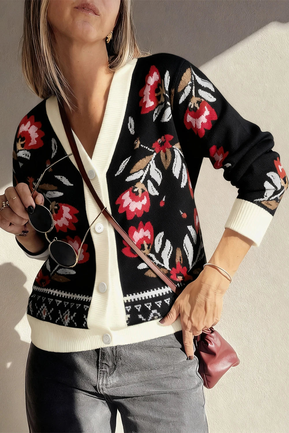 Black Floral Cardigan – Button Front V-Neck Knit Layering Top, Women's Floral Print Cardigan