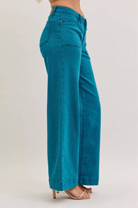 Freya - Teal Mid Rise Utility Wide Jeans