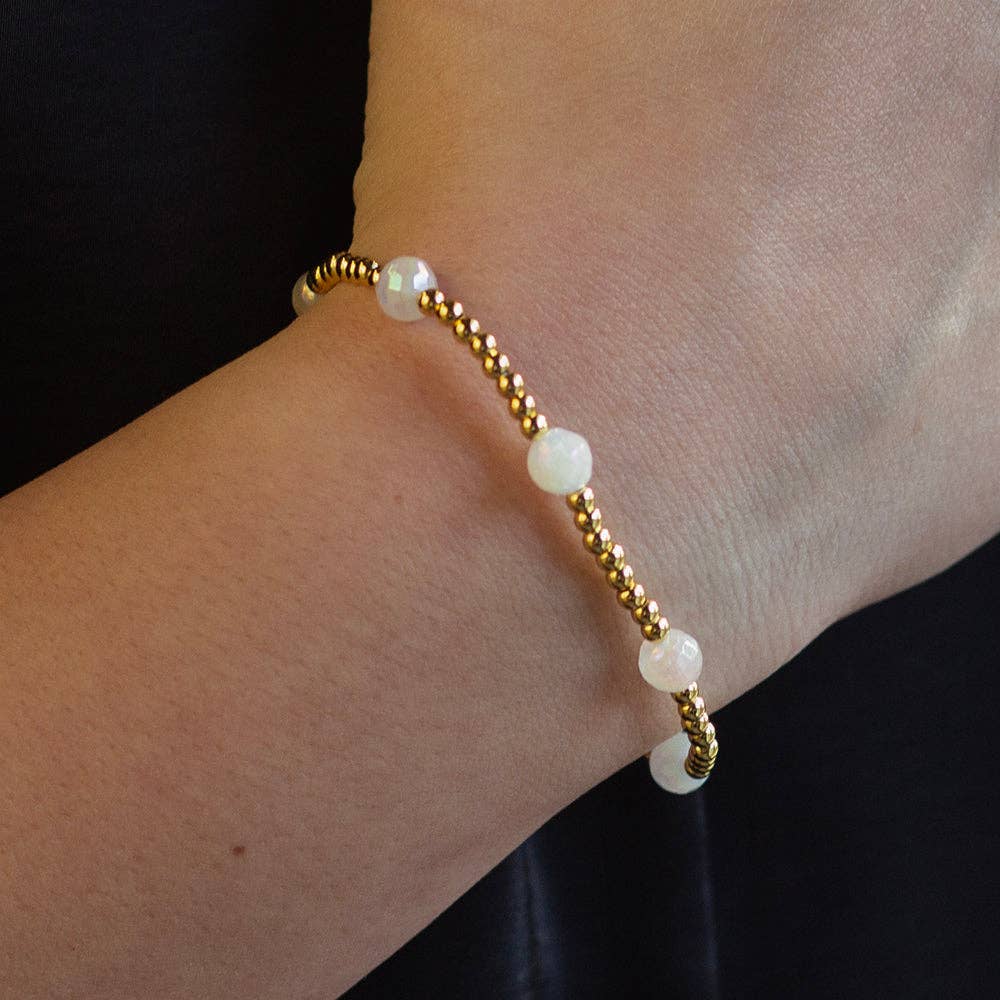 Gold Beaded Bracelets-Dot, White Jade