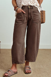 Miranda - Coffee Solid Color Square Patch Pocket Ankle-length Barrel Jeans
