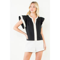 Rachel - Flutter Sleeve Contrast Trim V-Neck Top
