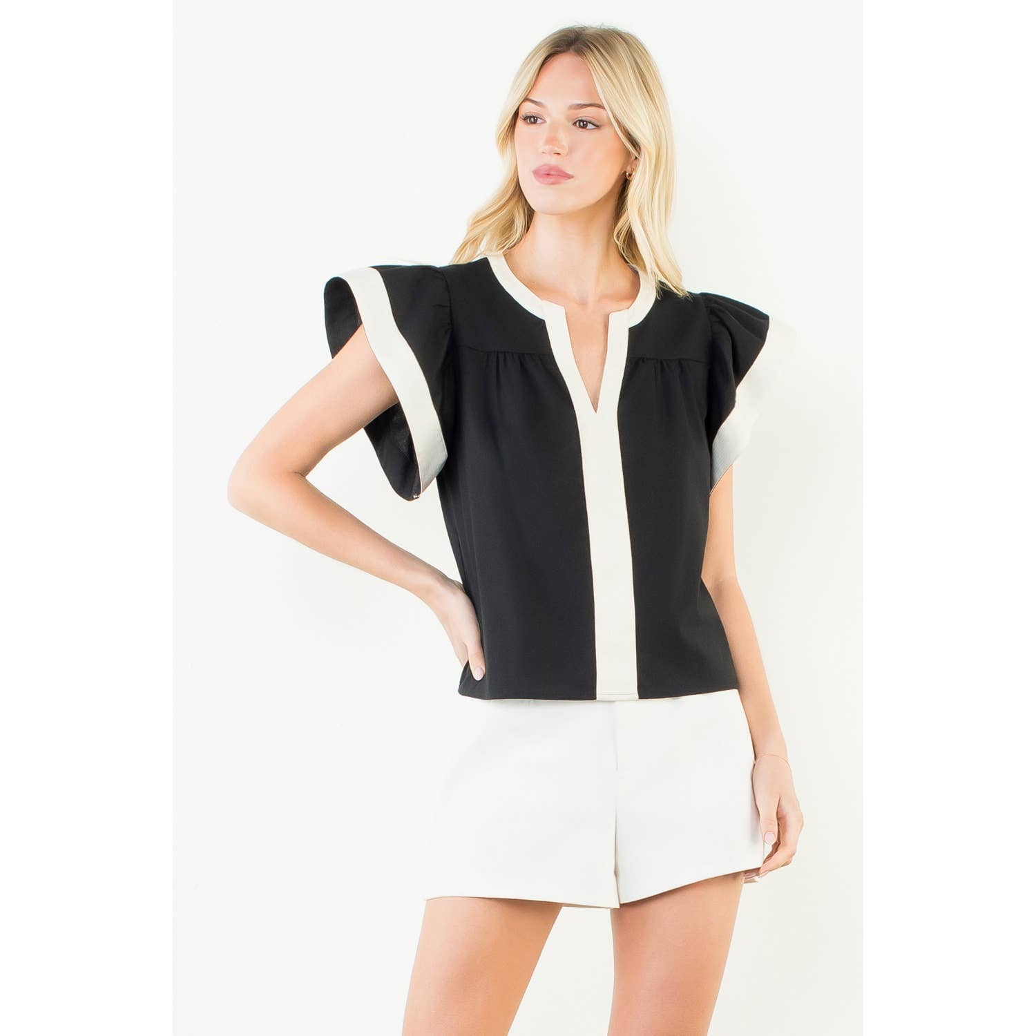 Rachel - Flutter Sleeve Contrast Trim V-Neck Top