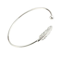 Thick silver feather open cuff bracelet with leaf texture and round bead accent