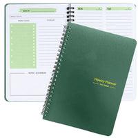 Dark green undated spiral weekly planner with goal sections and to-do list pages