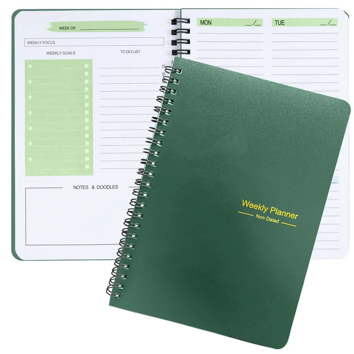 Dark green undated spiral weekly planner with goal sections and to-do list pages