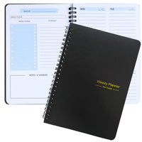 Black undated spiral weekly planner with gold foil text and wire binding