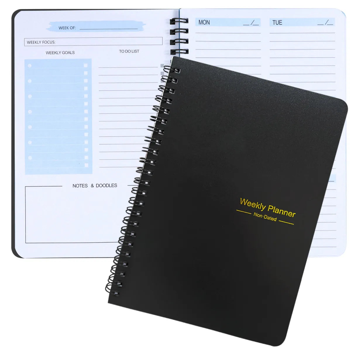Black undated spiral weekly planner with gold foil text and wire binding