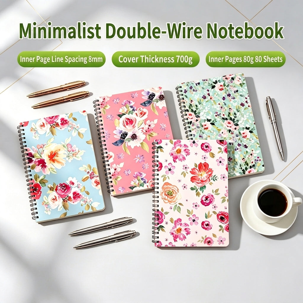 A5 floral hardcover spiral notebook with double coil binding and lined paper