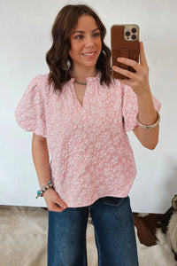 Miley - Apricot Pink Floral Puff Sleeve Blouse
