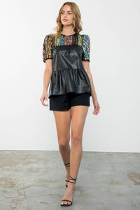 Sequin Detail Tiered Leather Top