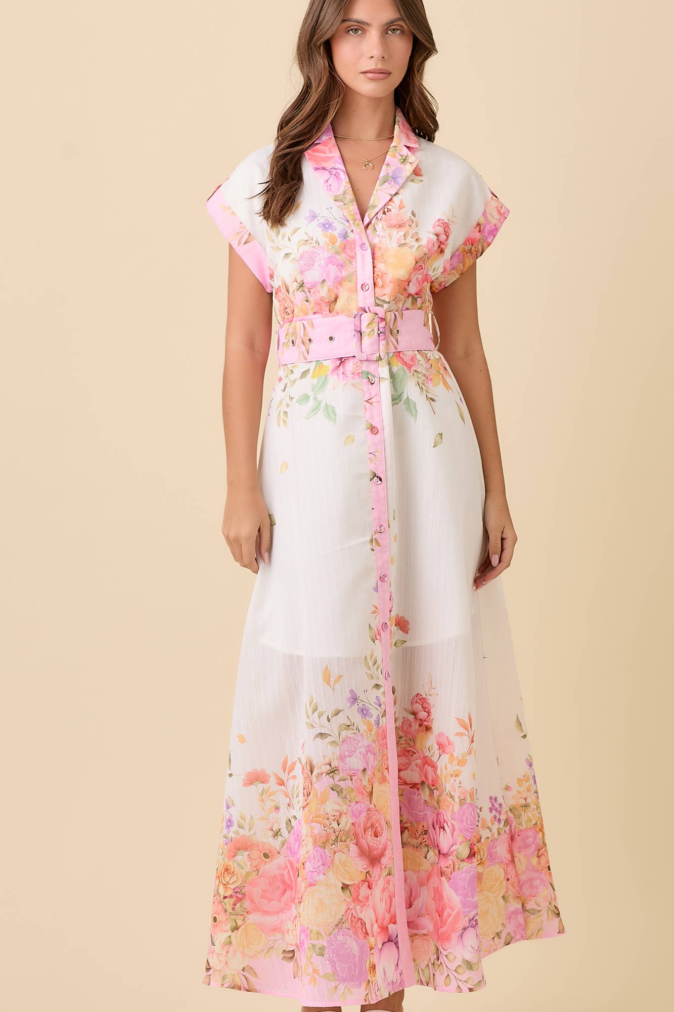 Phoebe - Floral Print Lapel Collar Button Down Maxi Dress