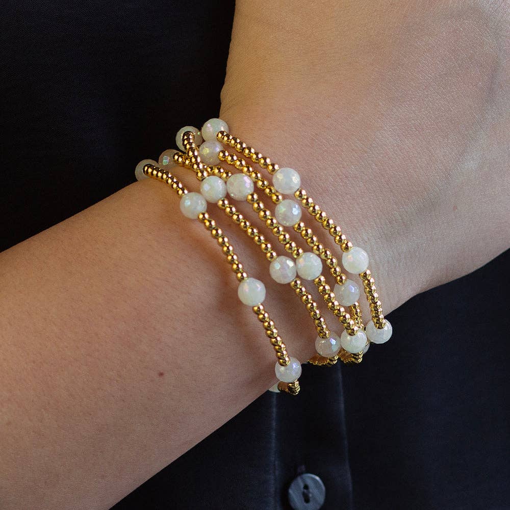 Gold Beaded Bracelets-Dot, White Jade