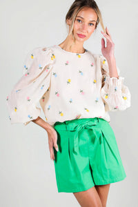 Madison - Floral Embroidered Long Puff Organza Blouse Top