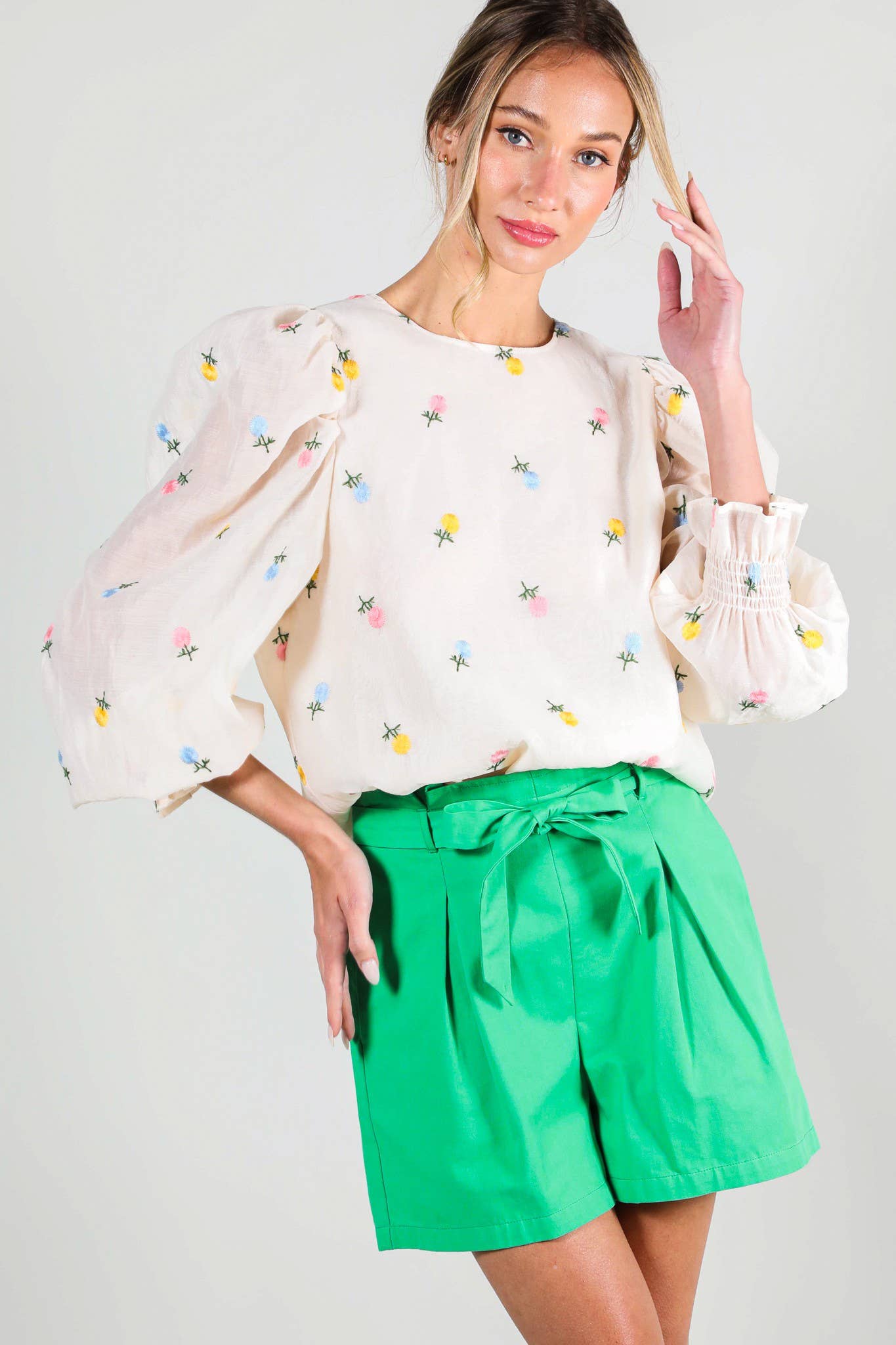 Madison - Floral Embroidered Long Puff Organza Blouse Top