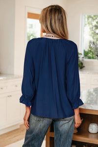 Bianca - Navy Leopard Trim V-Neck Blouse - Flounce Sleeve Top