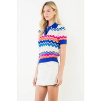 Tracey - Short Sleeve Collared Zigzag Knit Top