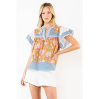 McKenna - Flowy Sleeve Mixed Media V-Neck Top